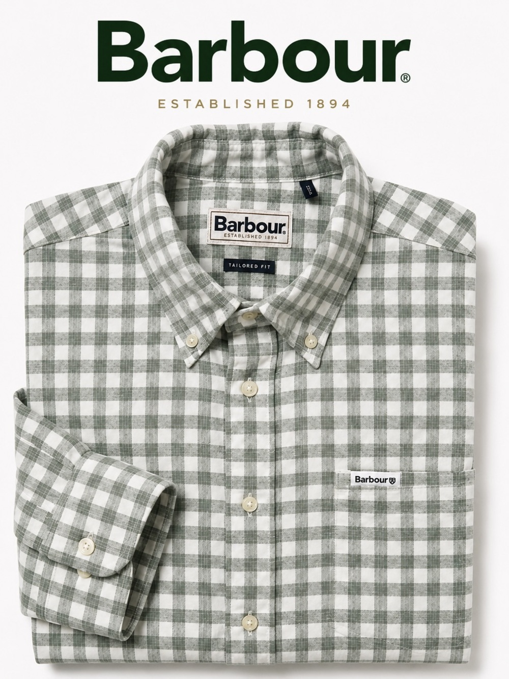 Barbour Green and White Check Button-Down Shirt